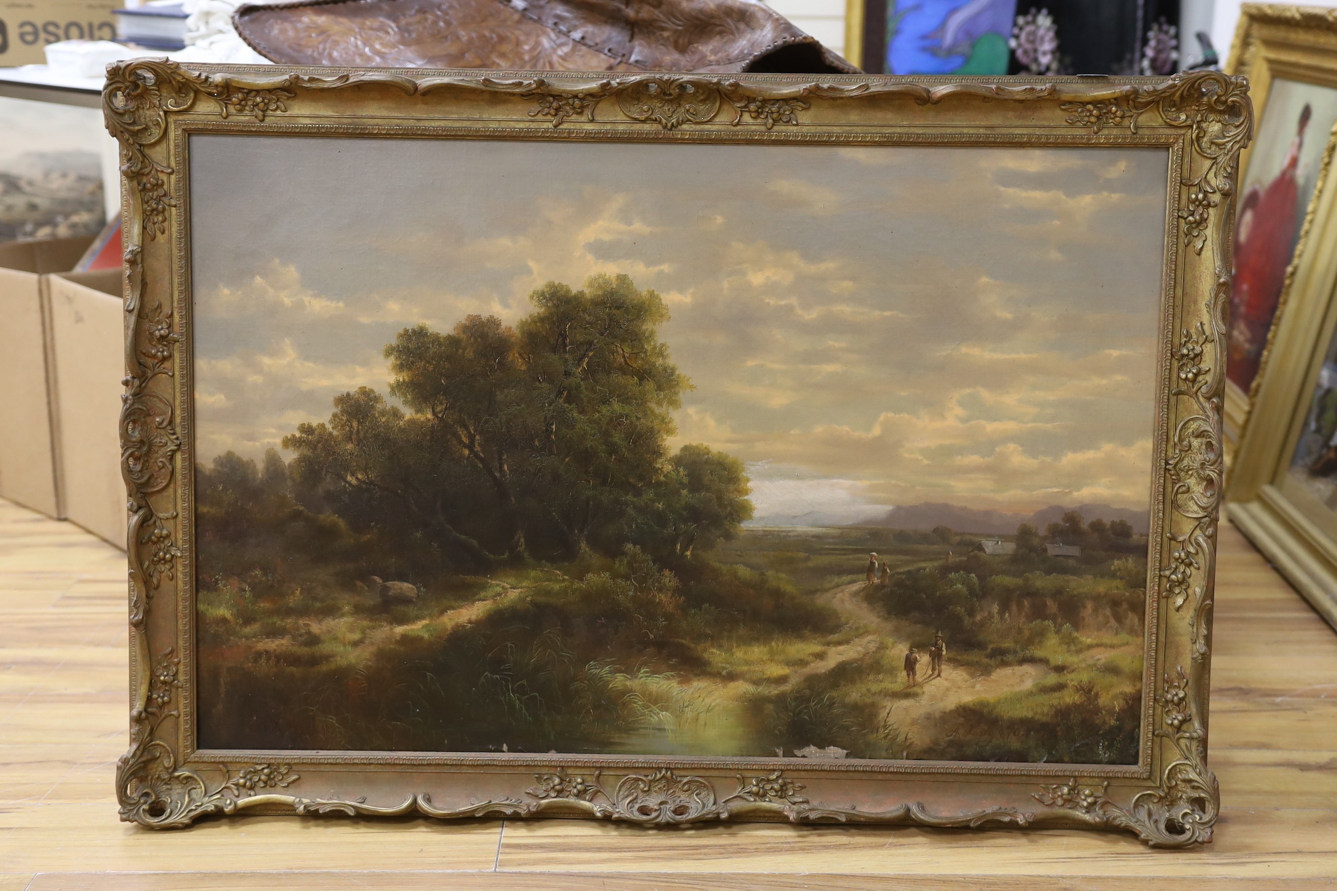 A. Long, oil on canvas, River landscape, signed, 66 x 103cm